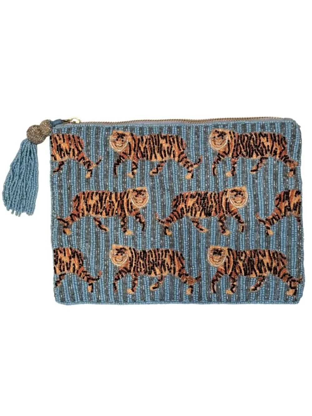Anthropologie Hand Beaded Tiger Print Zip Pouch With Tassel in Turquoise NWOT
